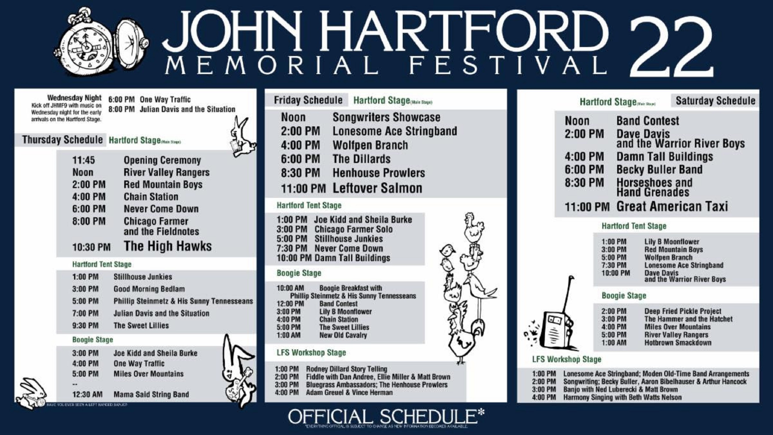 John Hartford Memorial Festival Hourly Stage Schedule and New Stage Announce