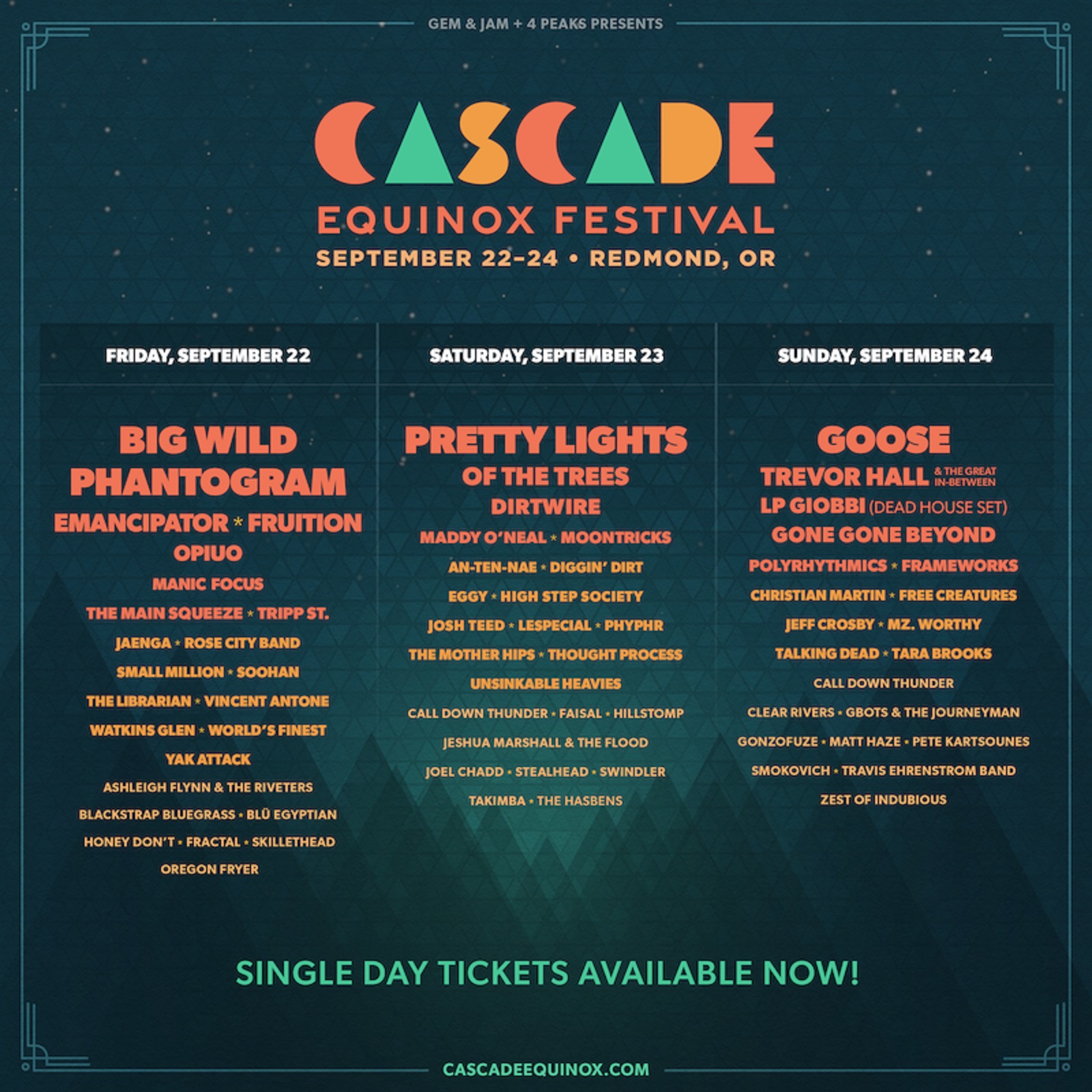 New cross-genre camping festival Cascade Equinox unveils single-day lineups