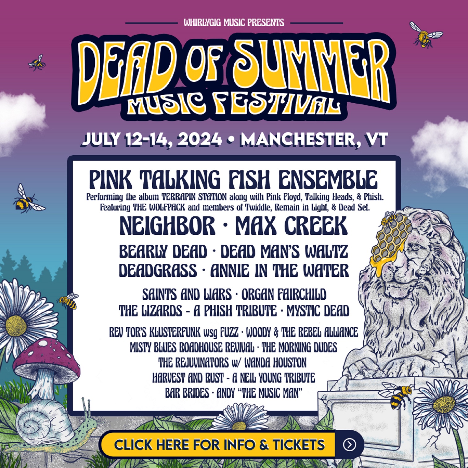 Whirlygig Music proudly presents the 5th Dead of Summer Music Festival, happening July 12-14, 2024, in Manchester, Vermont