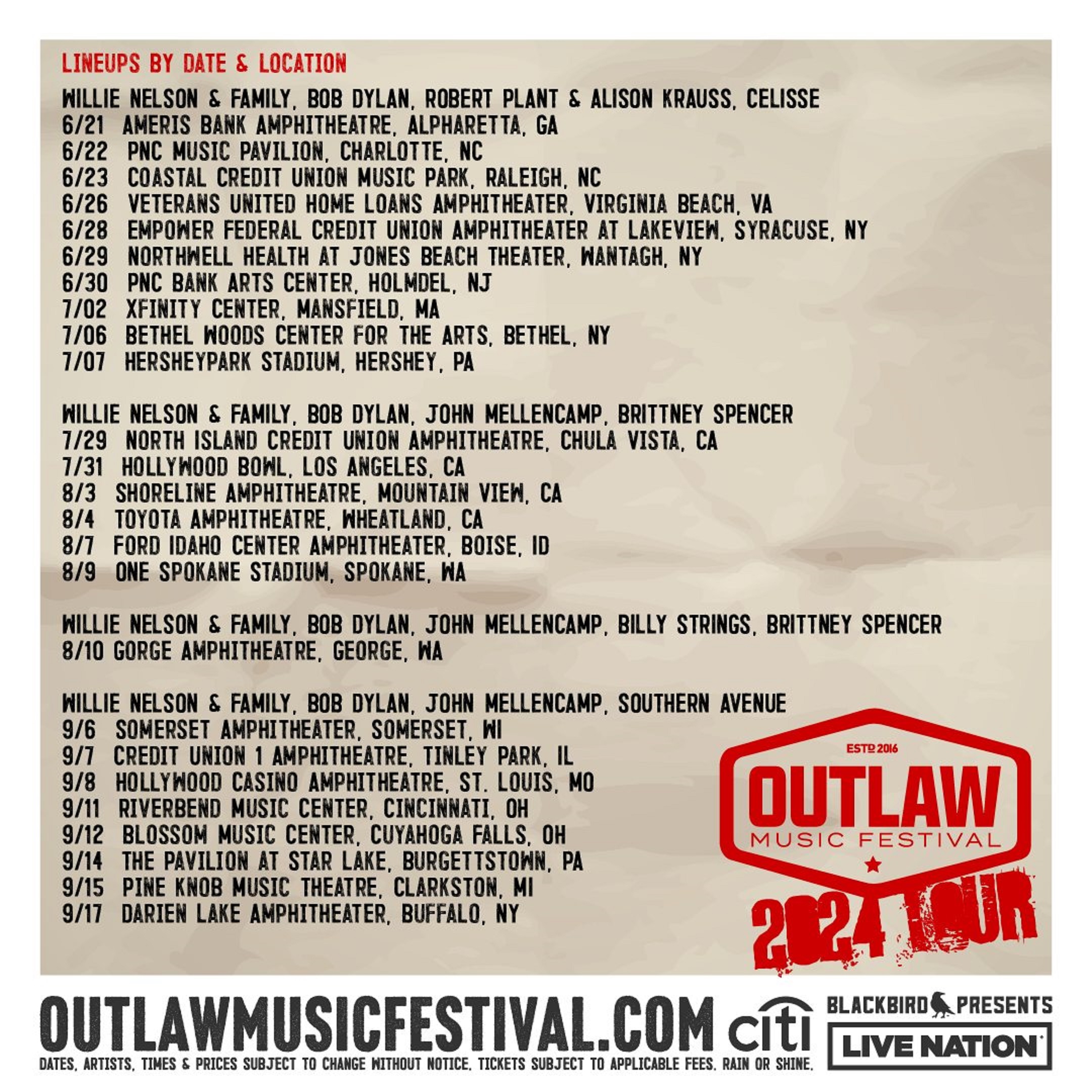 Outlaw Music Festival Tour 2024 Announces Stellar Lineup