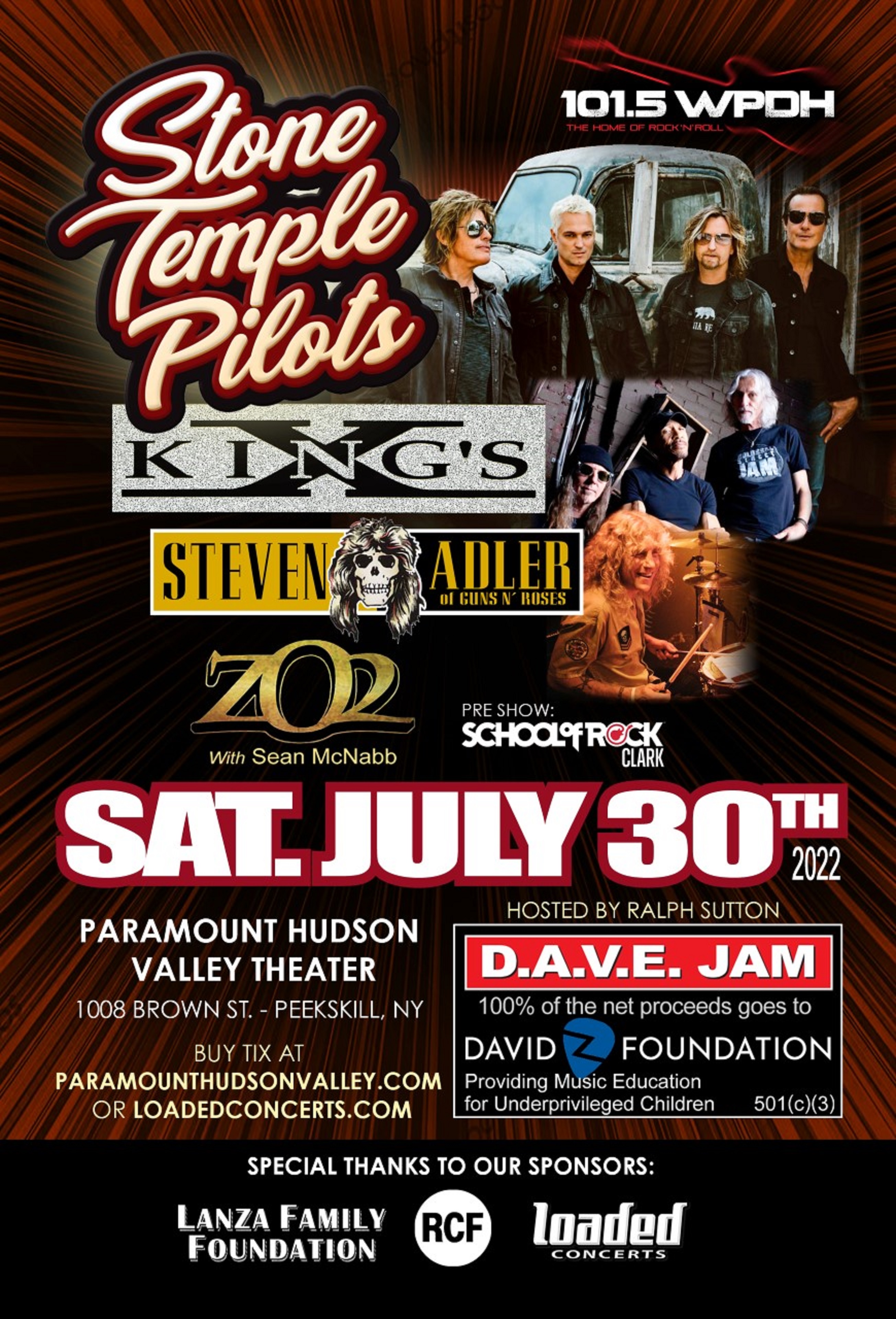 Stone Temple Pilots, King’s X, Steven Adler, And Zo2 To Perform At “D.A.V.E. Jam”: A Benefit At The Paramount Hudson Valley Theater To Support The David Z Foundation