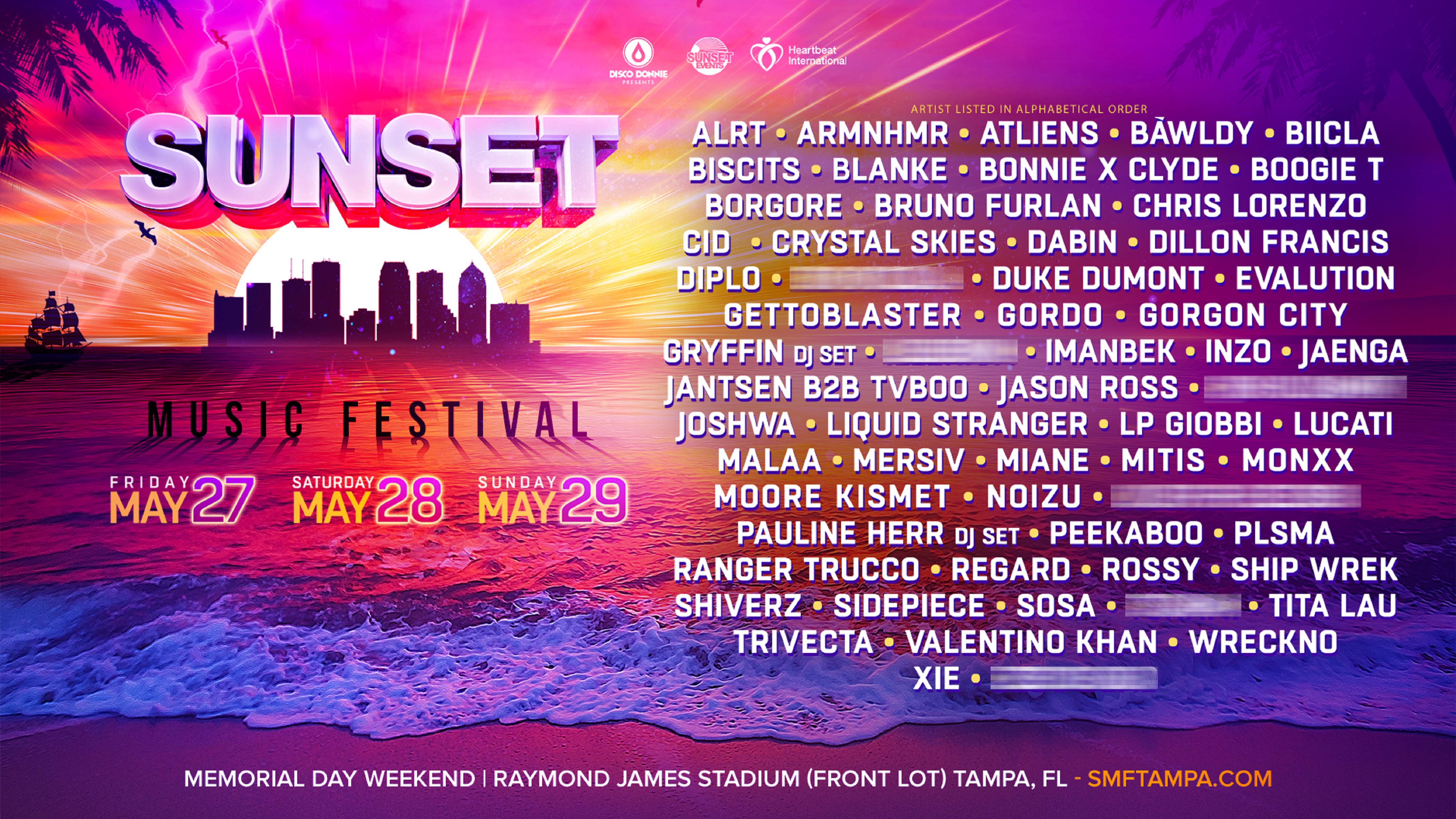 Sunset Music Festival Phase 1 Line Up -10 Year Anniversary -3 Days