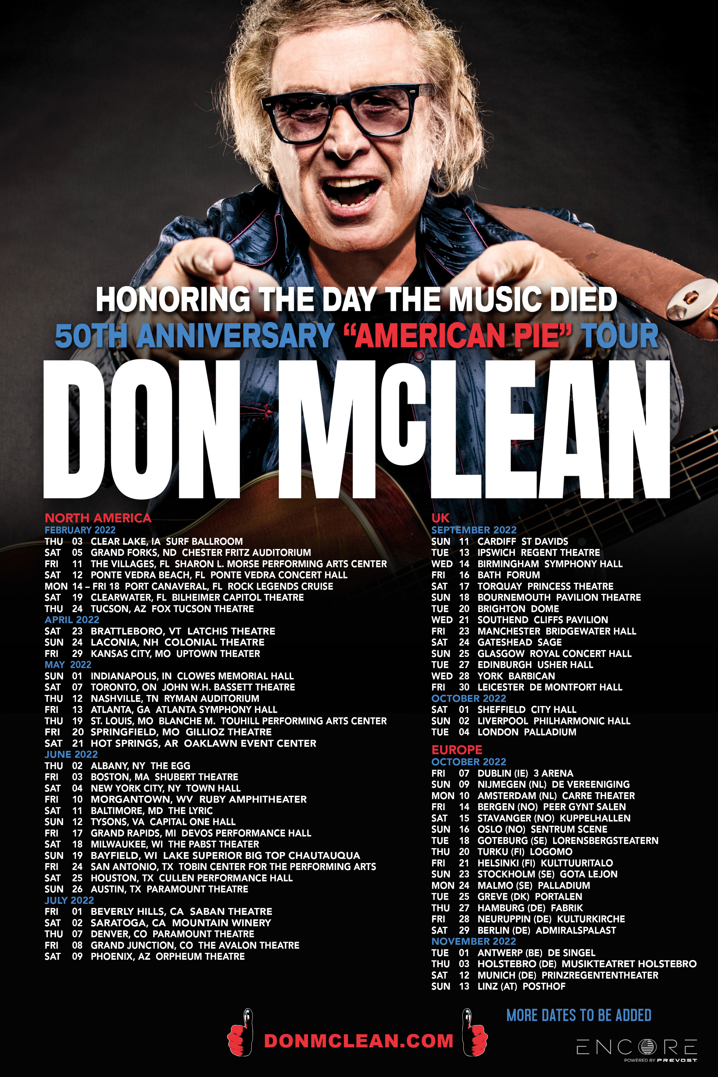 DON MCLEAN HONORS "THE DAY THE MUSIC DIED" WITH SOLD-OUT CONCERT AT SURF BALLROOM; ADDS SIX NEW DATES TO NORTH AMERICAN TOUR