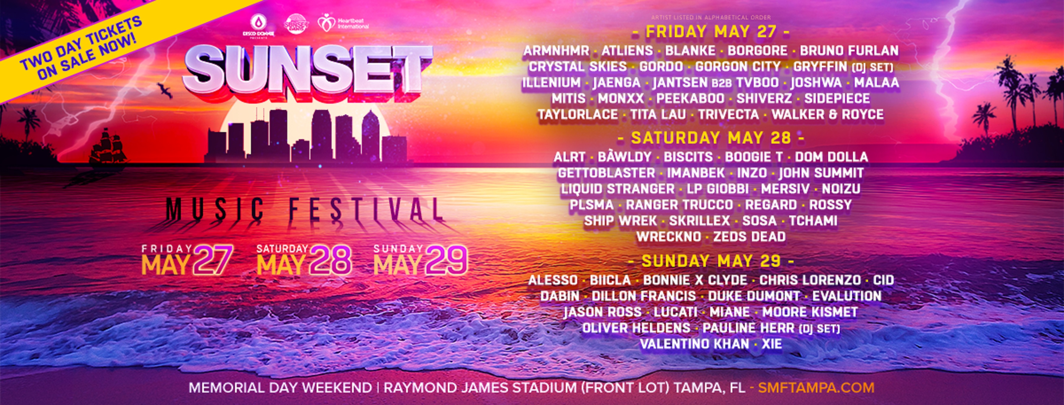 Sunset Music Fest Featuring Alesso, Skrillex, Illenium, Announces Single Day Lineup, 2 Day Tickets On Sale now Memorial Day Weekend