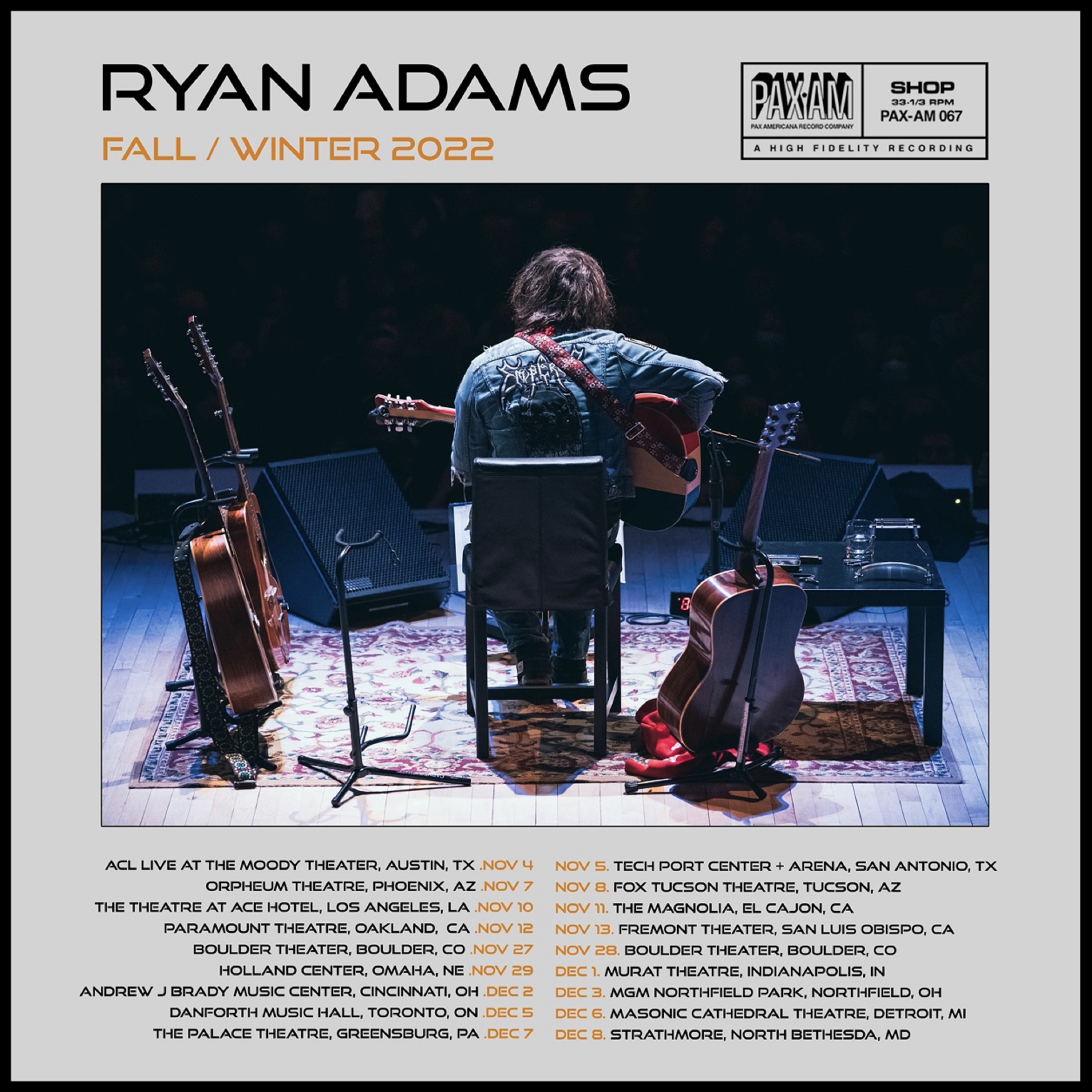 RYAN ADAMS  ANNOUNCES ADDITIONAL 18-SHOW NORTH AMERICAN TOUR IN FALL / WINTER 2022