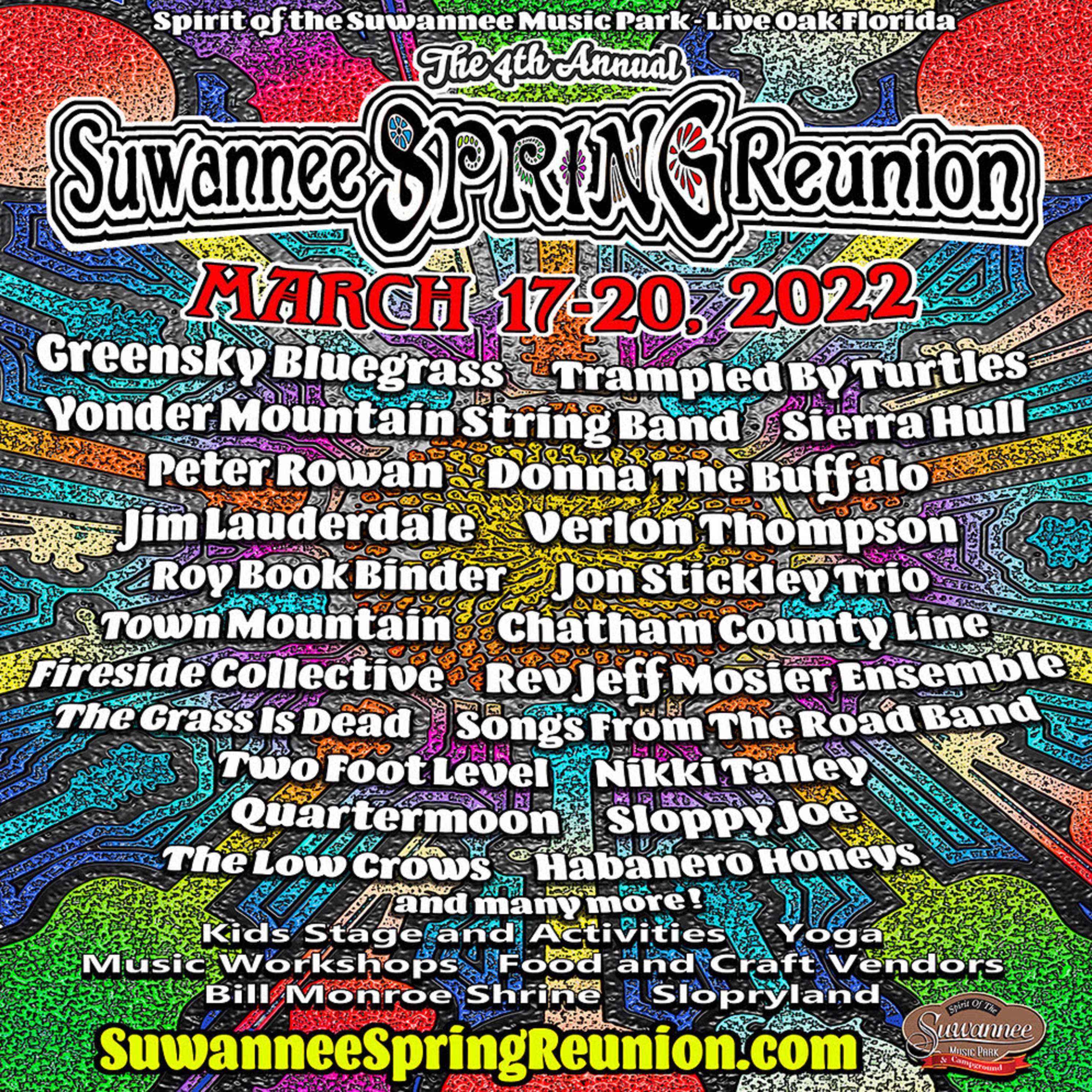 Suwannee Spring Reunion March 17-20, 2022 w/ Greensky Bluegrass, Trampled By Turtles, Yonder Mountain String Band, Sierra Hull, Peter Rowan & more