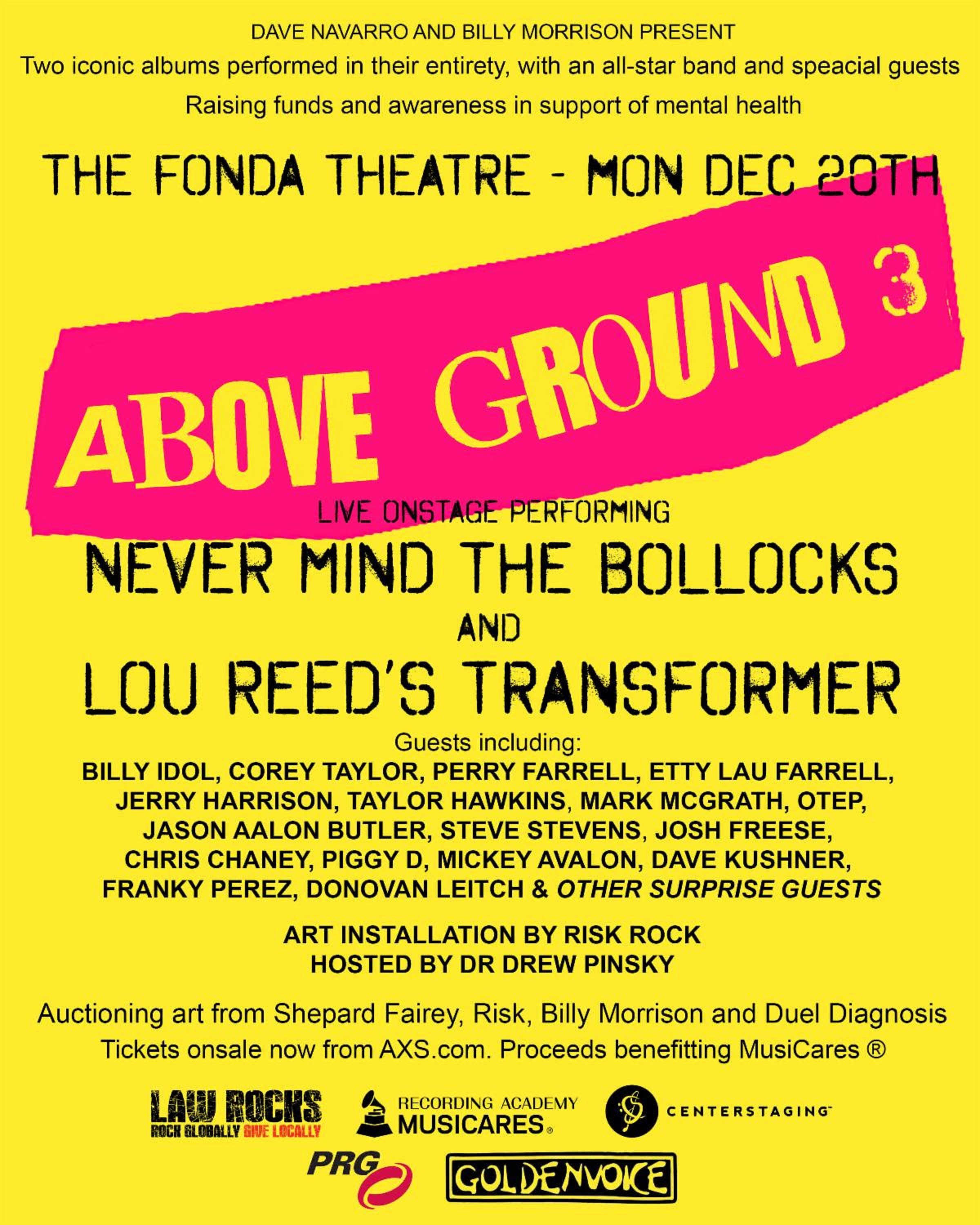 DAVE NAVARRO AND BILLY MORRISON ANNOUNCE EXPANDED LINE-UP FOR THIRD “ABOVE GROUND” BENEFIT CONCERT DECEMBER 20 AT THE FONDA THEATRE IN HOLLYWOOD, CA