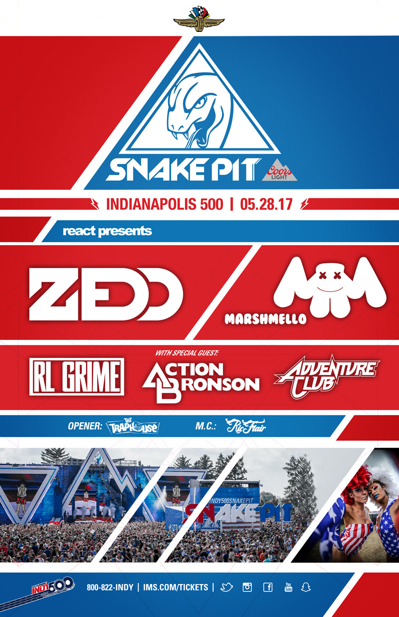 The 2017 Indy 500 Snake Pit Lineup Announced w/ Zedd, Marshmello, RL Grime, Action Bronson & Adventure Clu