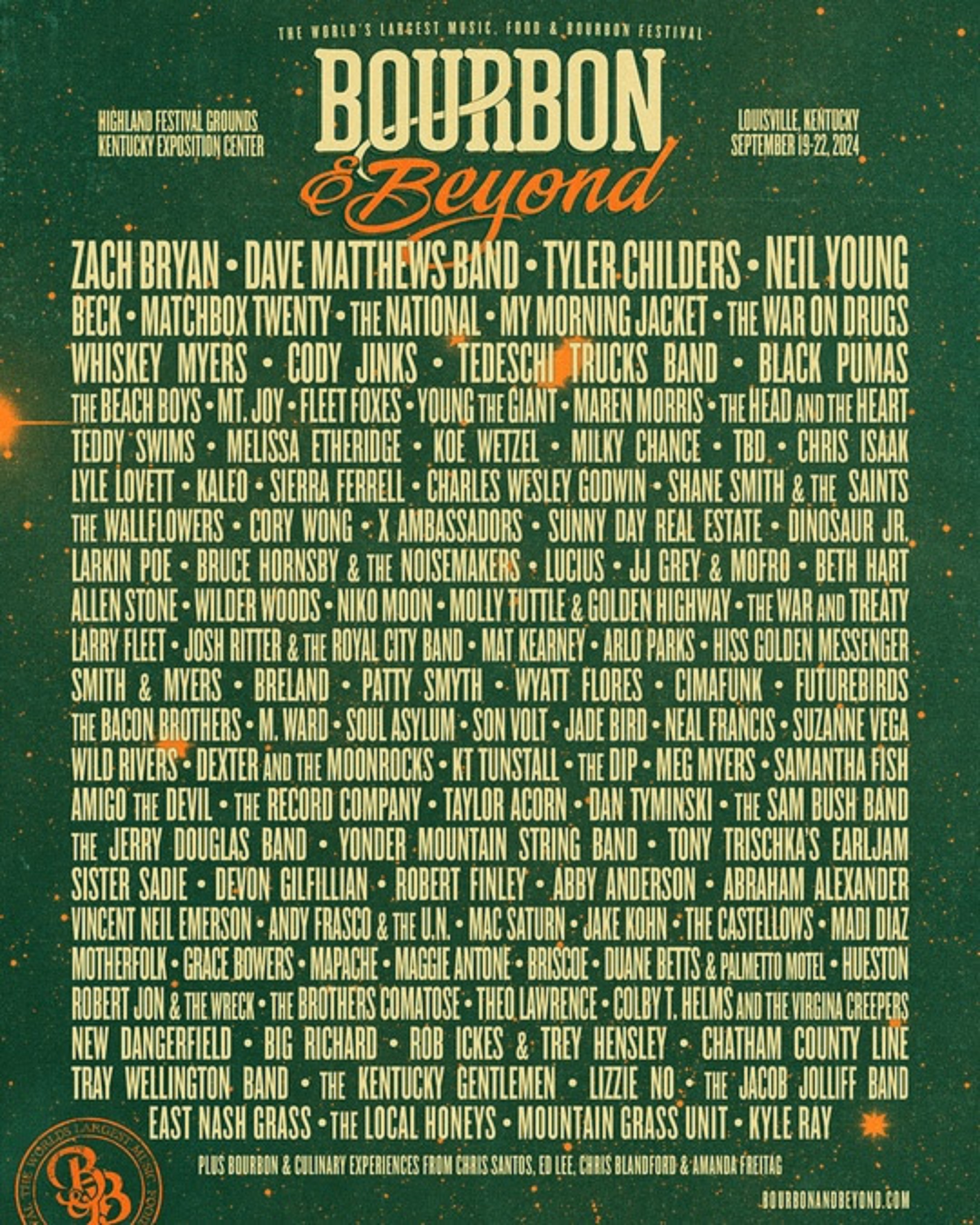 Zach Bryan, Dave Matthews Band, Tyler Childers, Neil Young Top All-Star Music Lineup For Bourbon & Beyond-- World’s Largest Bourbon & Music Festival--September 19-22 In Louisville