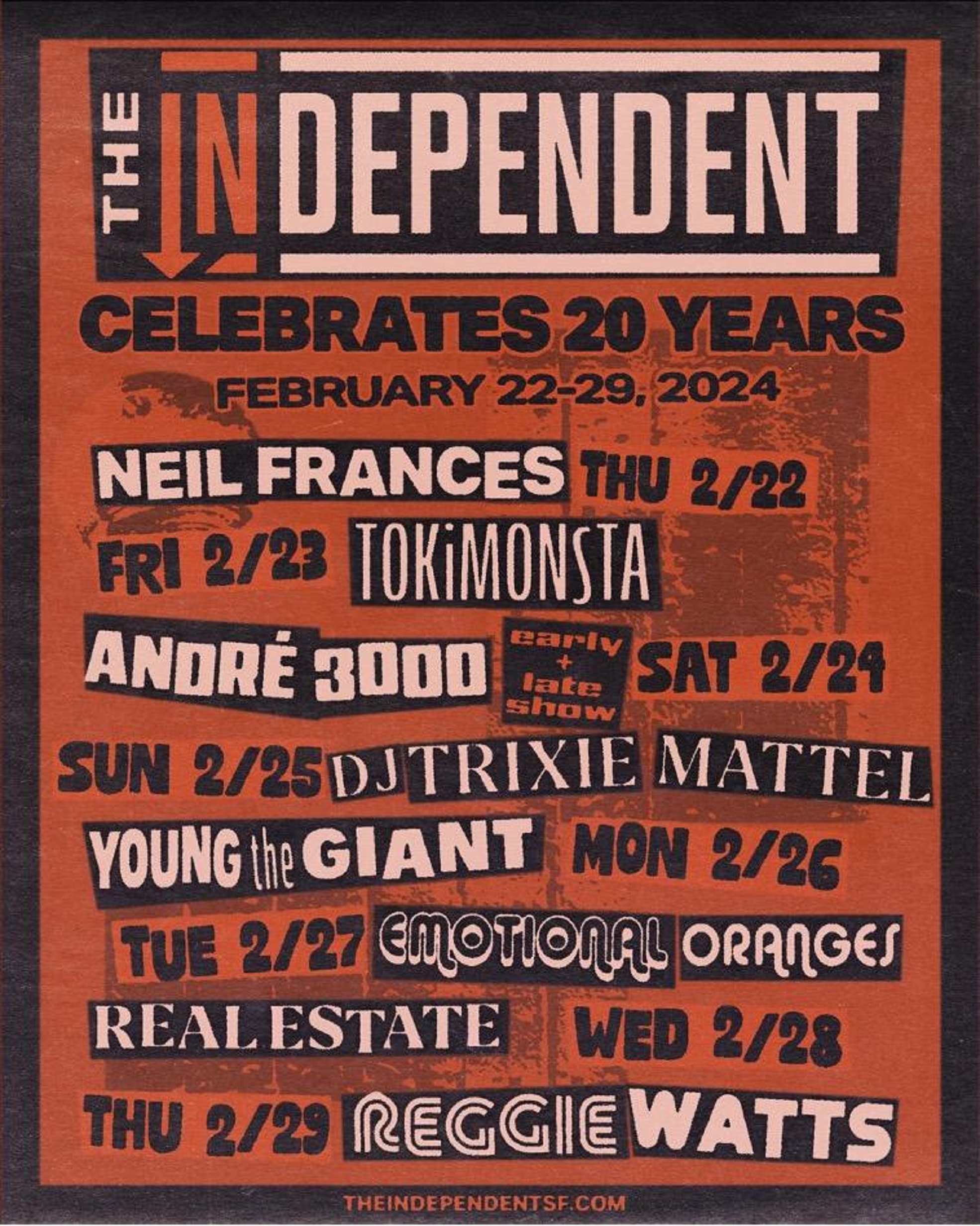 San Francisco’s The Independent To Celebrate 20th Anniversary w NEIL FRANCES, TOKiMONSTA, André 3000, Trixie Mattel, Young The Giant And More