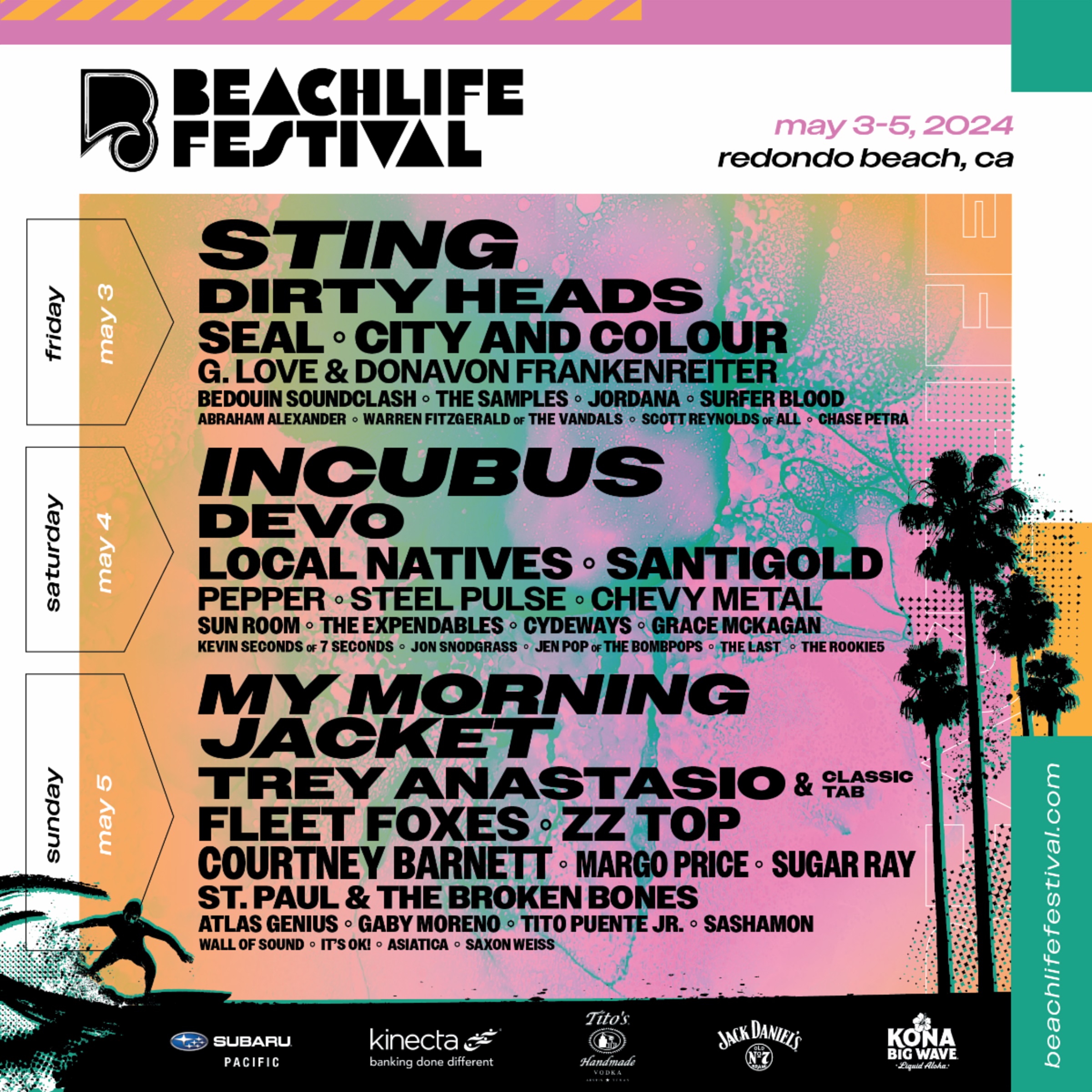 Southern California's BeachLife Festival May 3-5, 2024 Announces Lineup with Sting, Incubus, My Morning Jacket, DEVO, Dirty Heads and More
