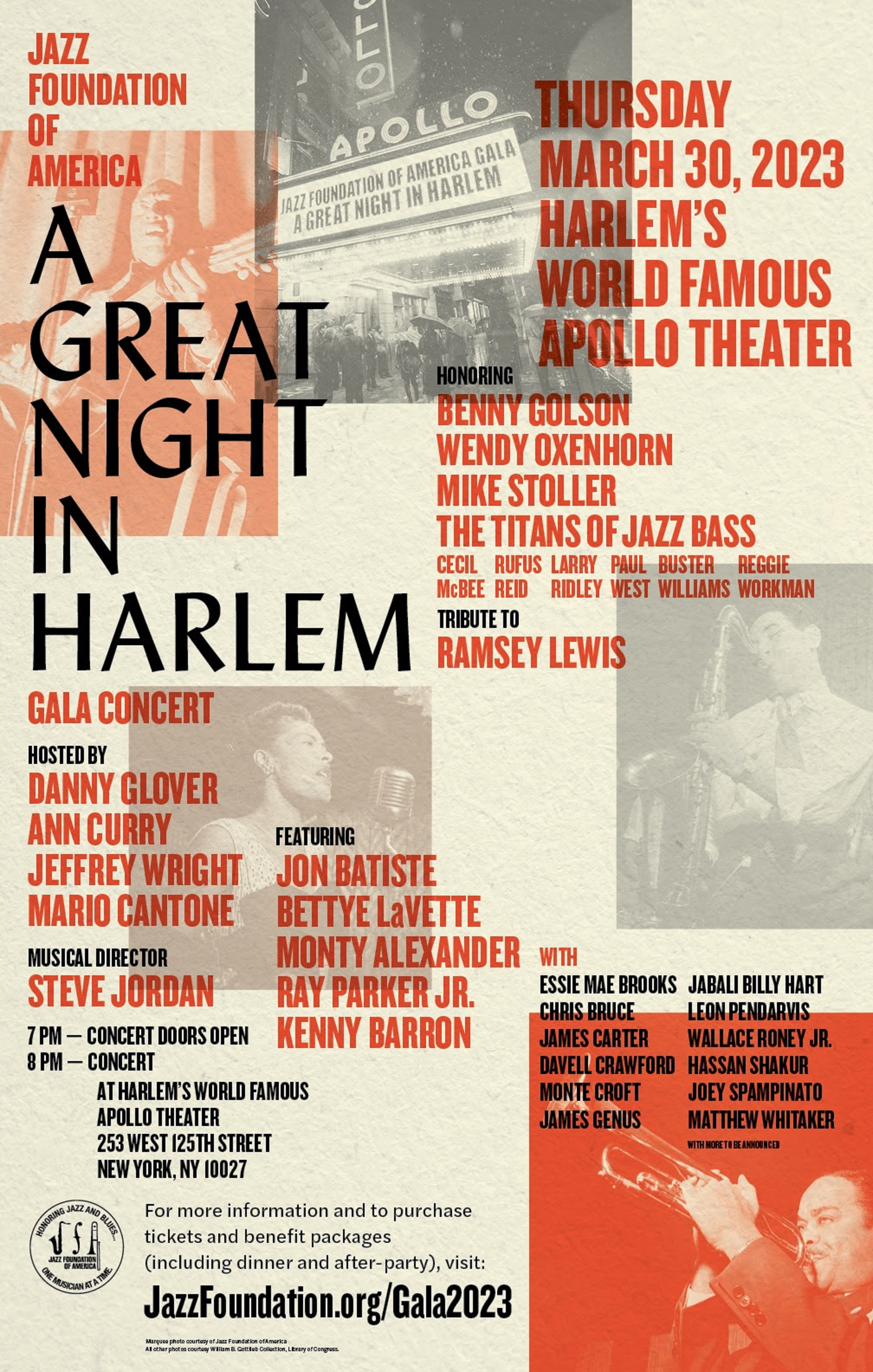 “A Great Night In Harlem" Gala (3/30) w/ Jon Batiste, Bettye LaVette, Monty Alexander, Ray Parker Jr., Kenny Barron, and many more.