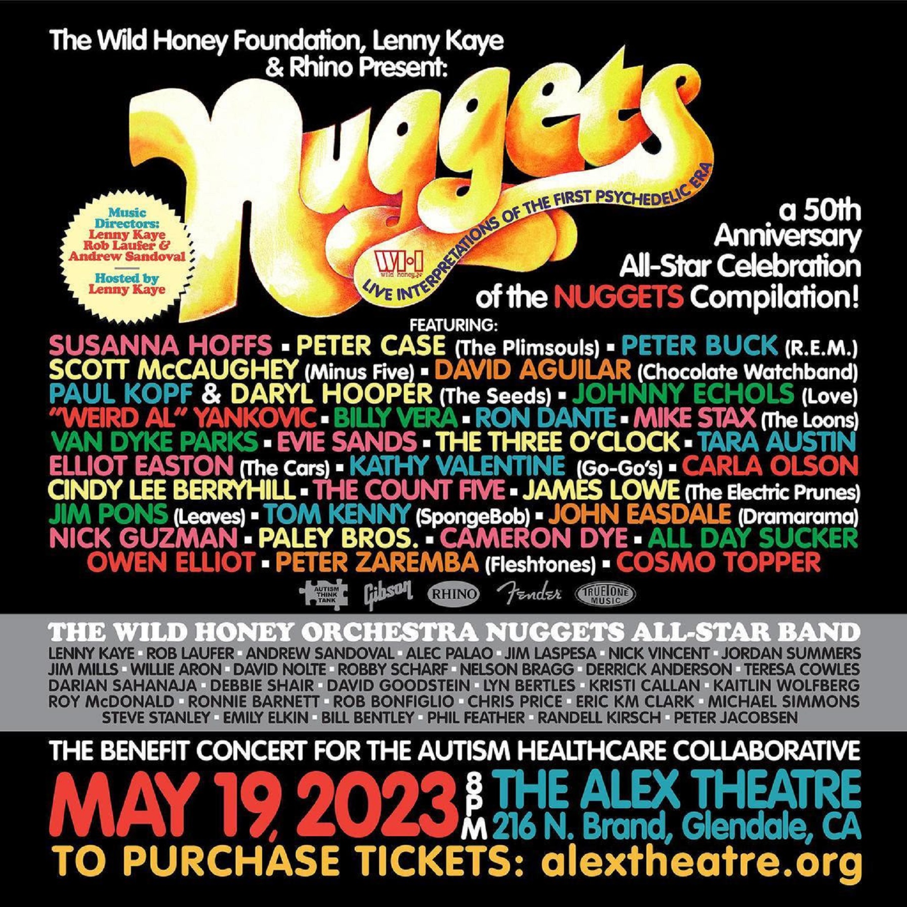 'Nuggets' all-star tribute via Lenny Kaye, Wild Honey Foundation and Rhino Records, May 19 in Glendale, CA