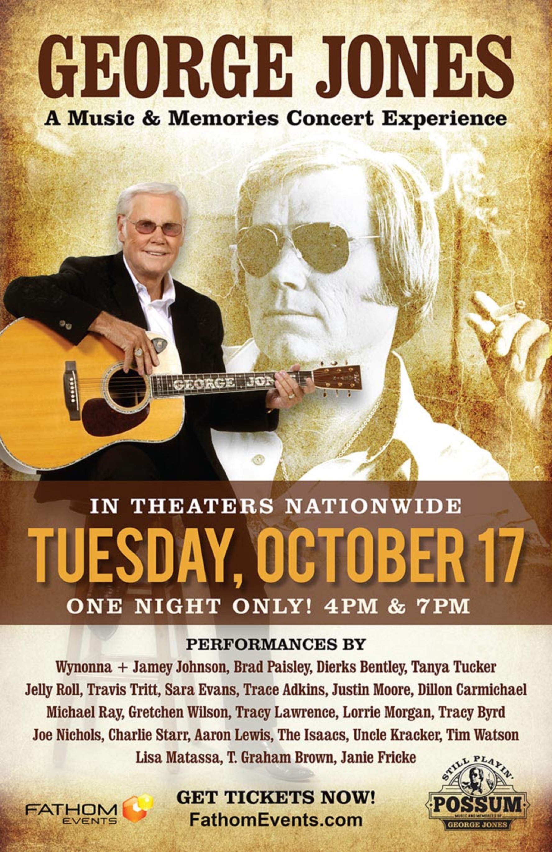 'STILL PLAYIN' POSSUM' – A STAR-STUDDED TRIBUTE TO THE MUSIC OF GEORGE JONES HITS THEATERS NATIONWIDE FOR ONE NIGHT ONLY – OCTOBER 17