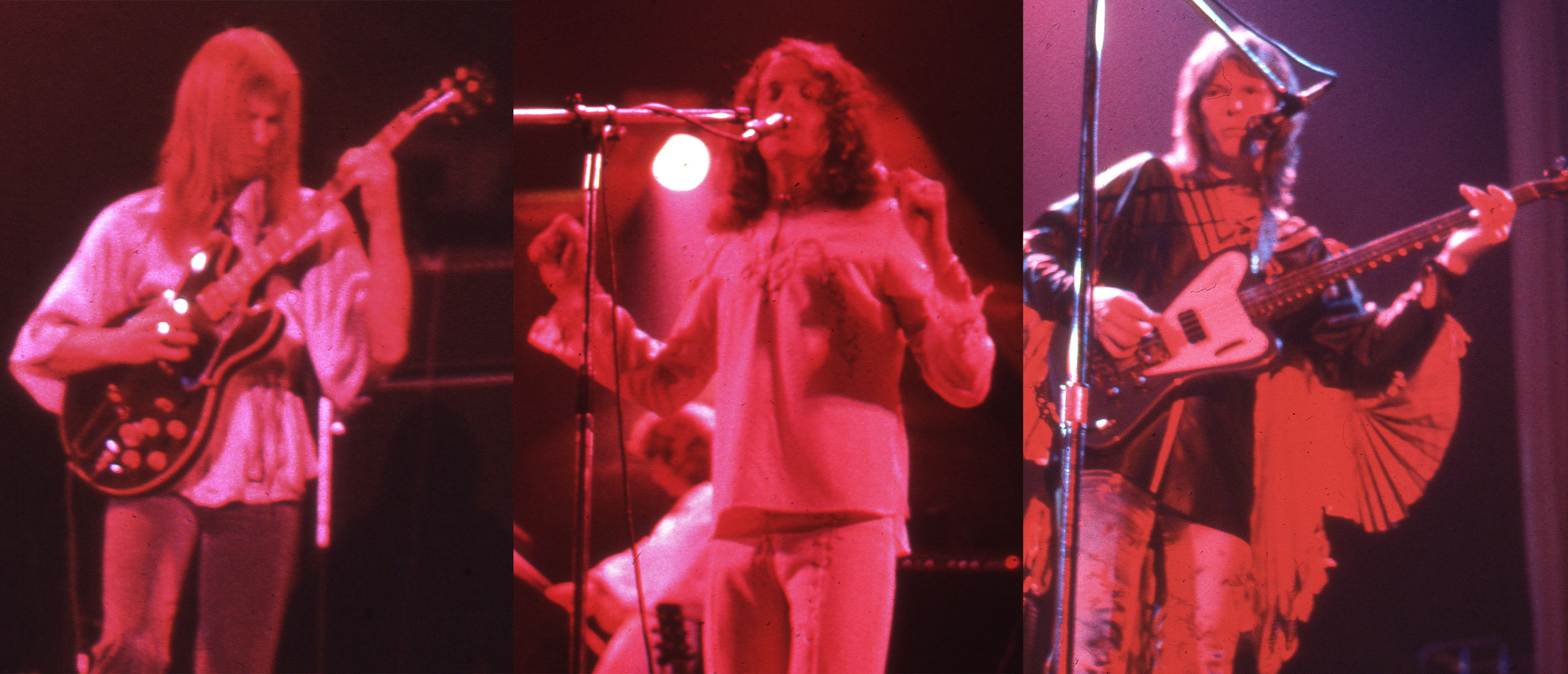 Steve Howe, Jon Anderson with Patrick Moraz & Chris Squire of Yes, in full orchestral juggernaut mode in 1974 | Photo composite: Courtesy estate of Joseph Stercz | Cincinnati OH