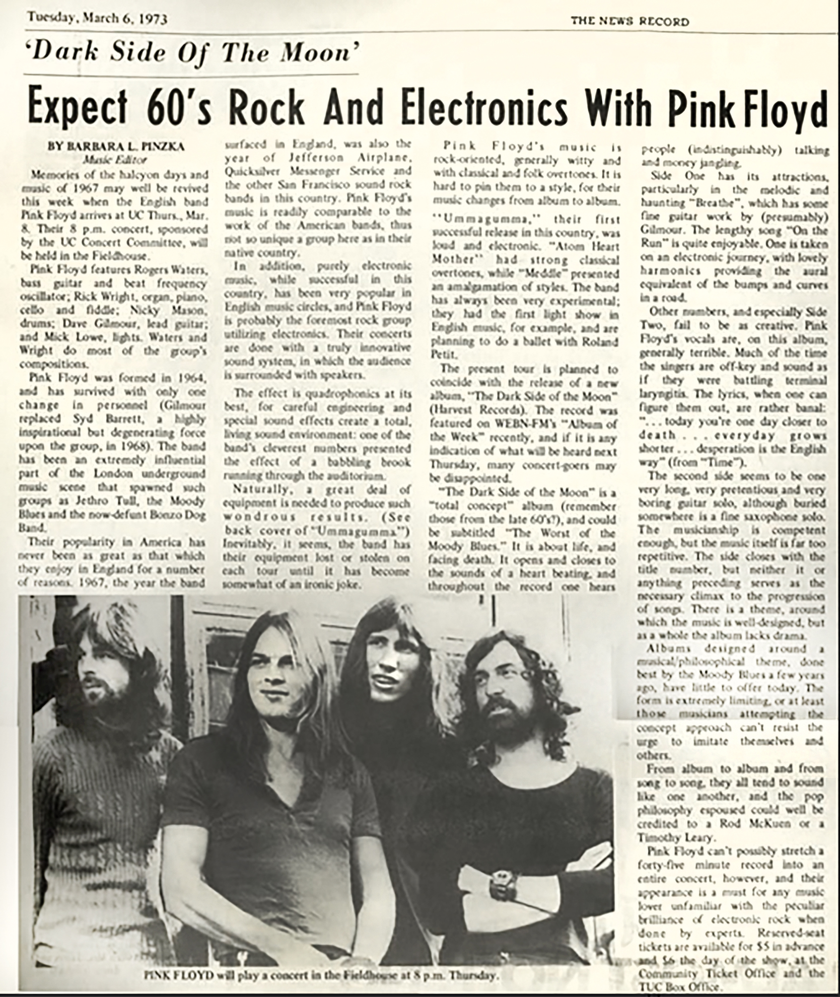 Pink Floyd play U of Cincinnati - 1973 - all credits UC News Record