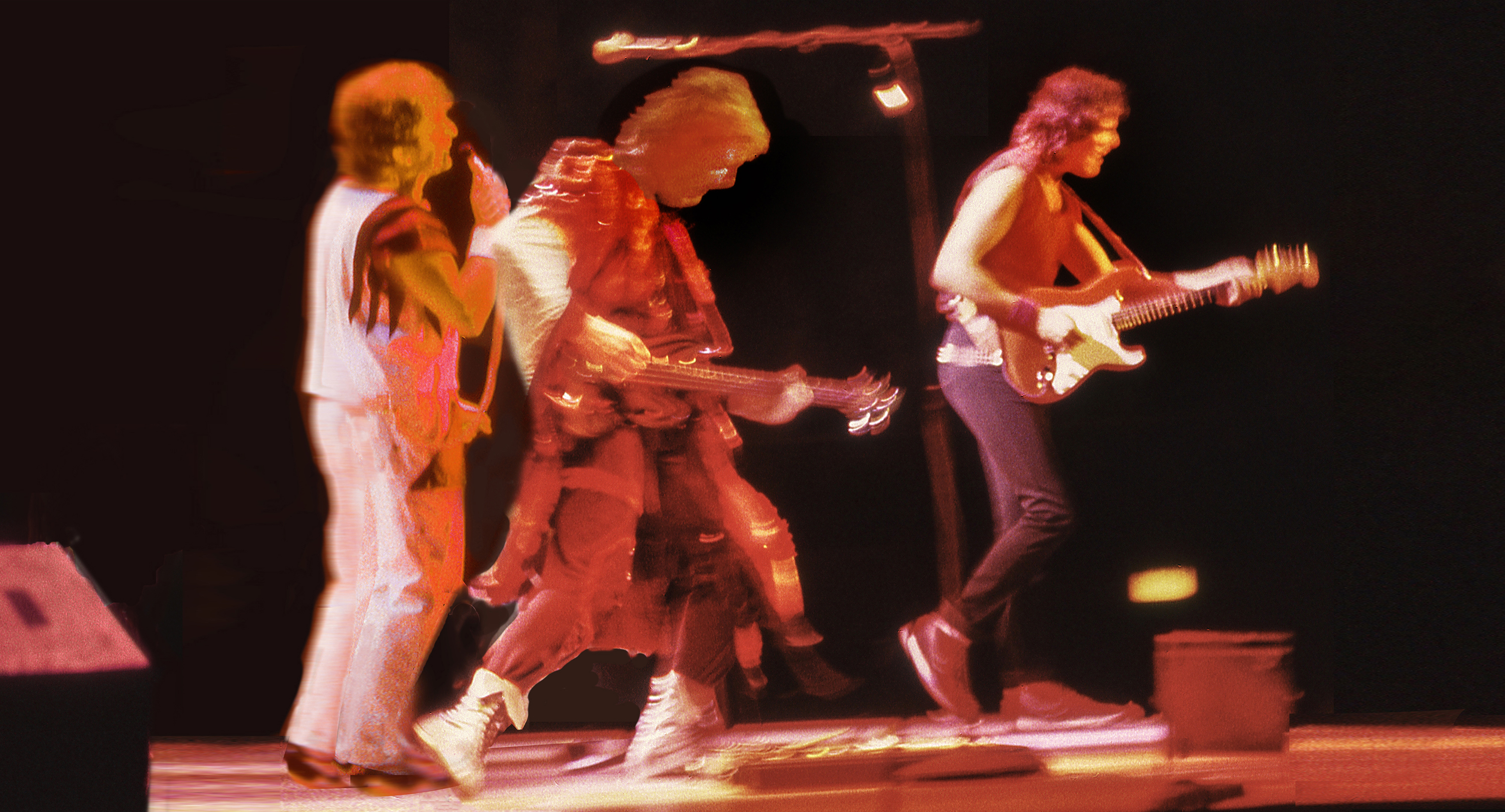 Jon Anderson, Chris Squire & Trevor Rabin of Yes hitting the boards| Miami University, Oxford OH, 1984 | Photo: Sam A. Marshall | Cincinnati OH