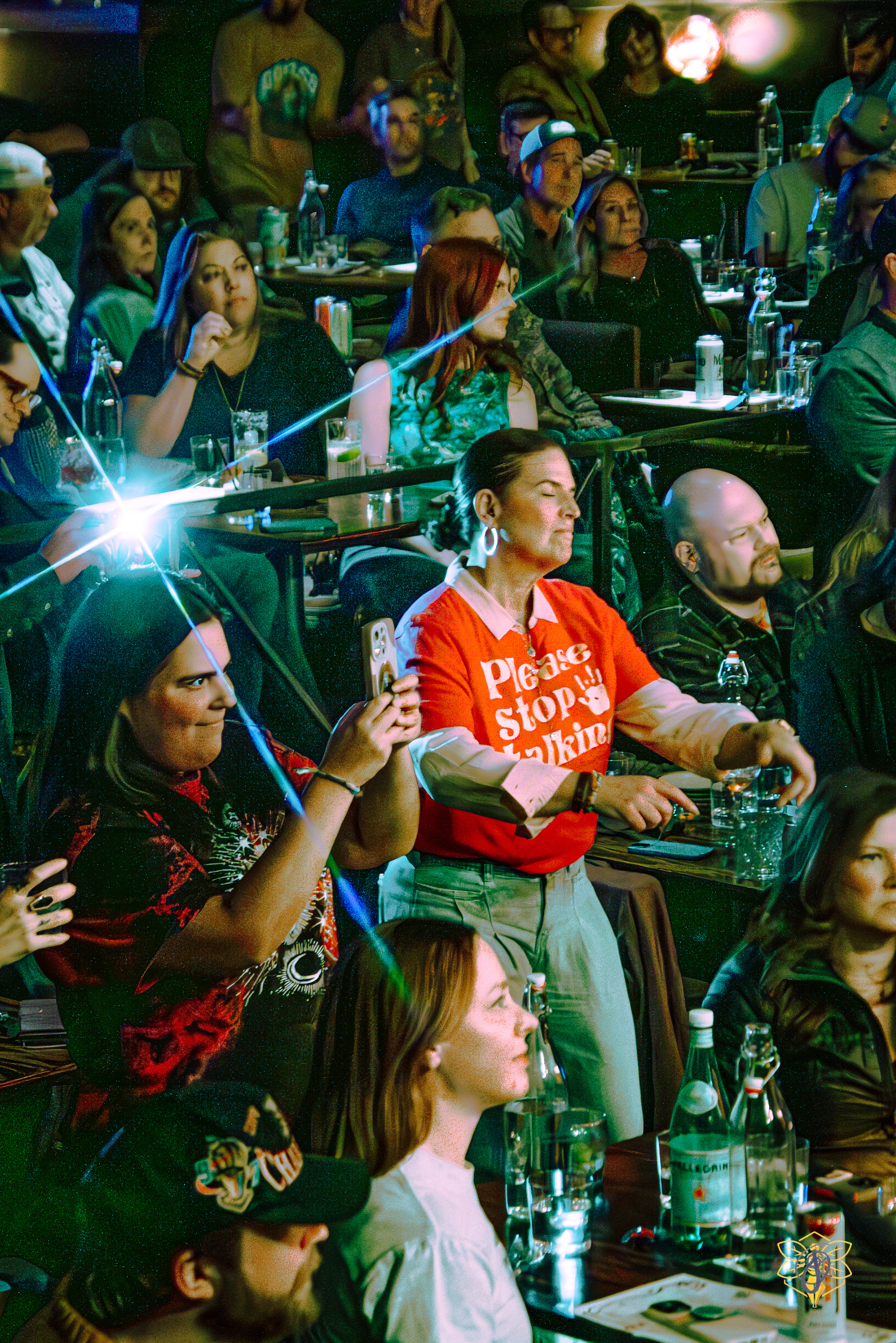 Front row vibes: dancing loud in a ‘Please Stop Talking’ tee.