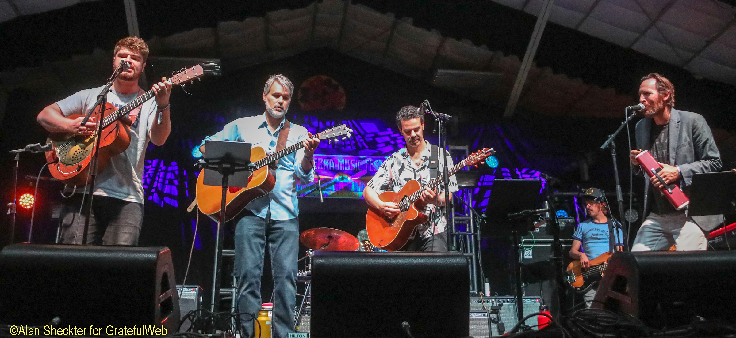 Gospel in the Hall set, early Sunday with (from left) Marty O’Reilly, Bo Carper, Lebo, Steve Adams, and Zach Gill