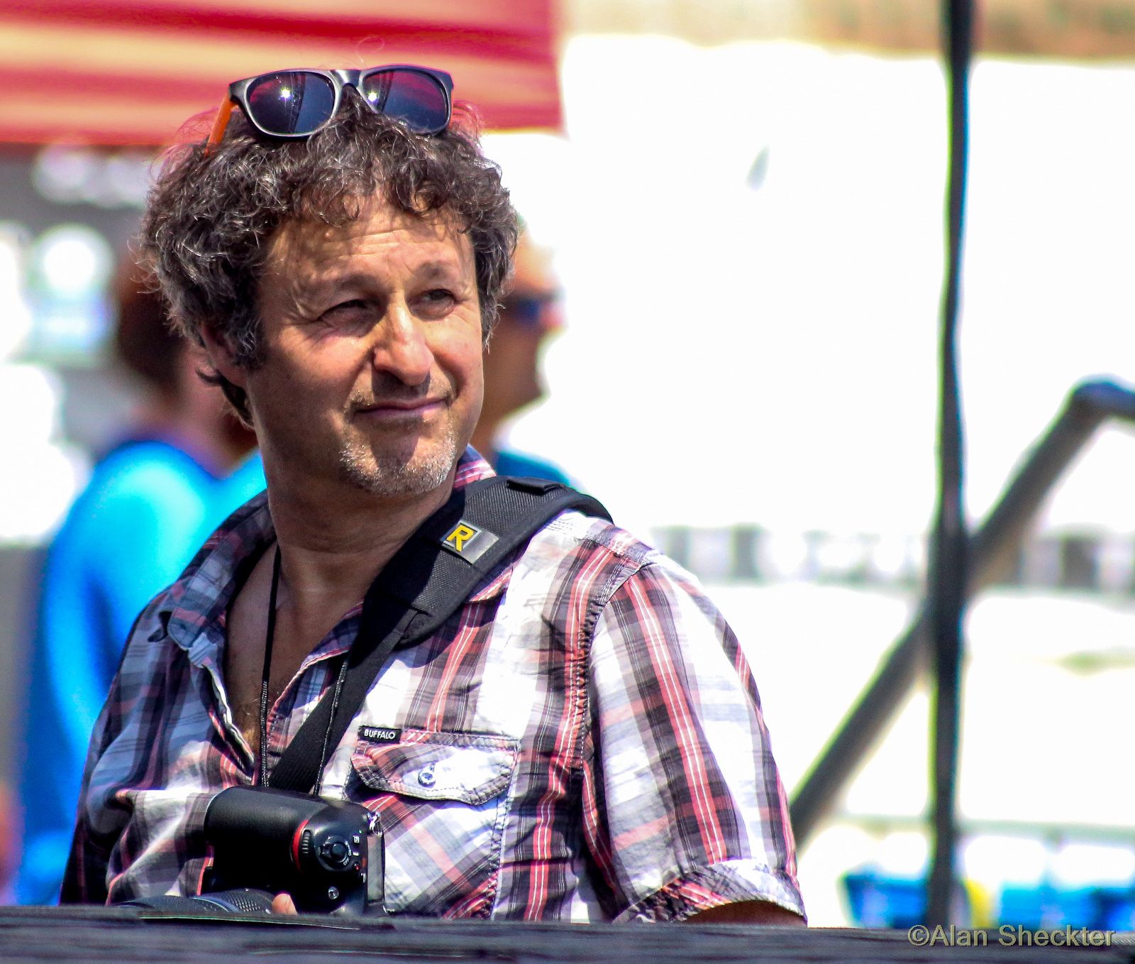 Bob Minkin “on the job” at the Petaluma Music Festival, Petaluma, Calif., August 2016 - photo by Alan Sheckter