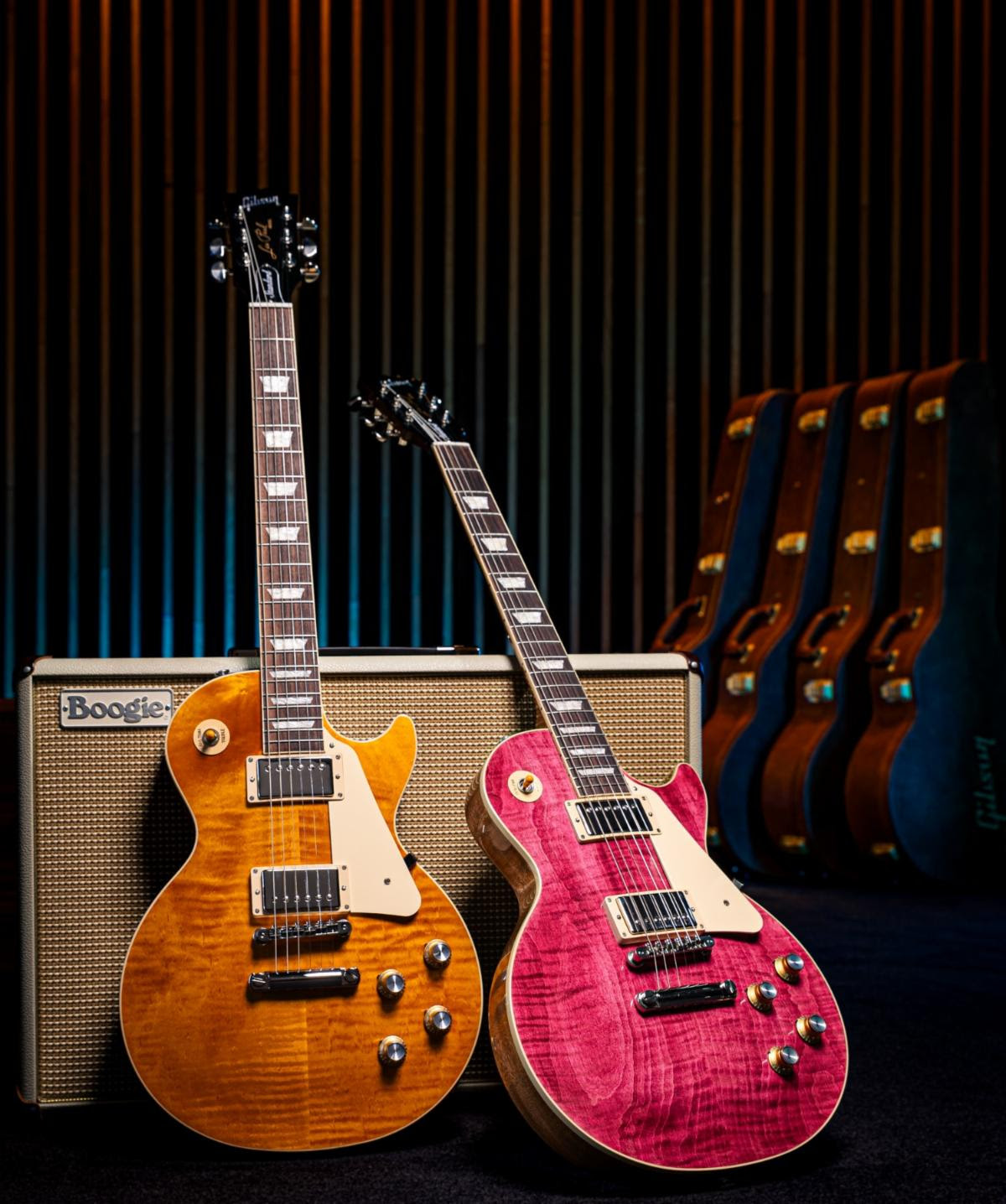 Gibson Les Paul Standard 60s Figured Top in Honey Amber and Translucent Fuchsia.