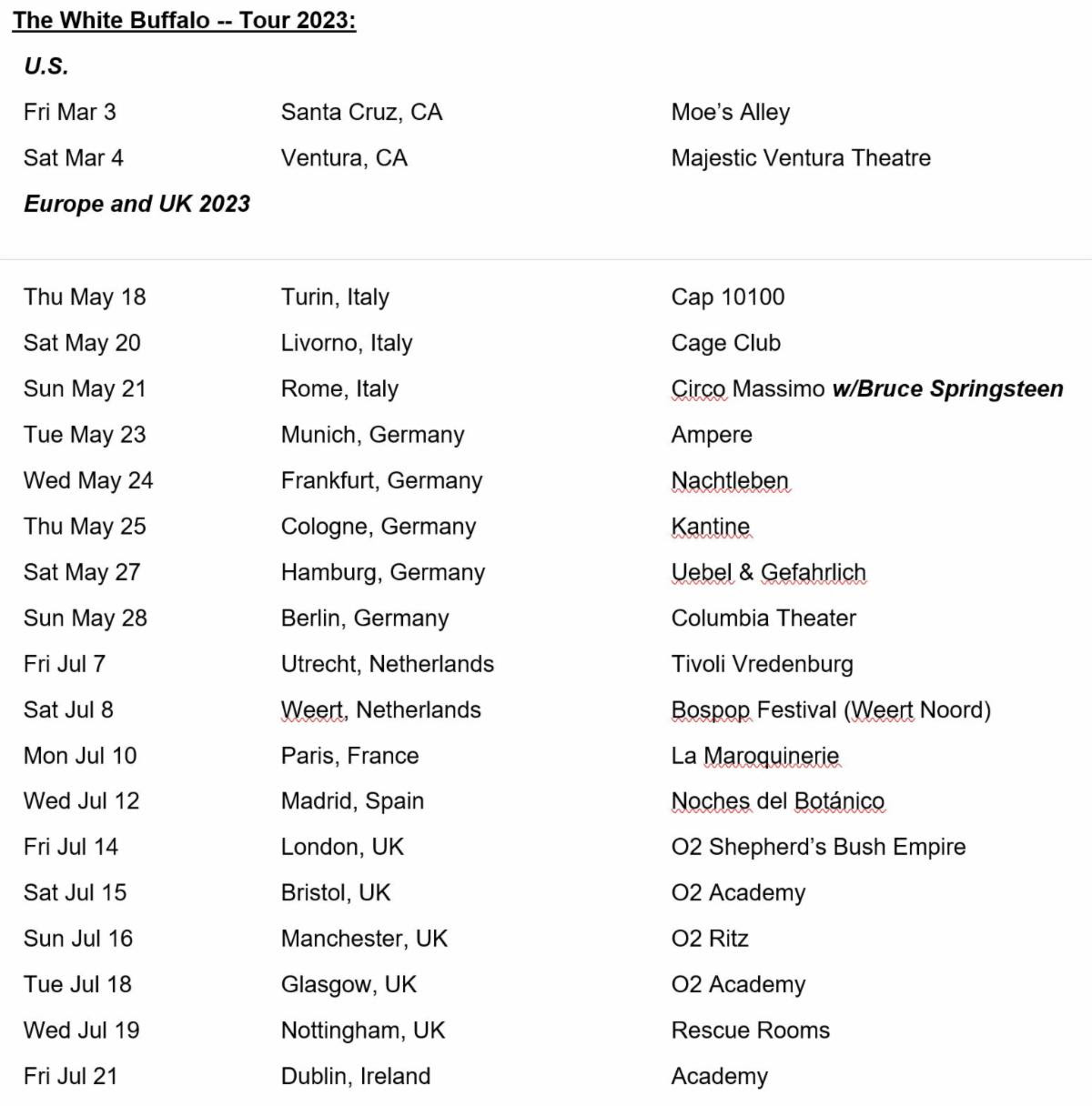 current dates for The White Buffalo