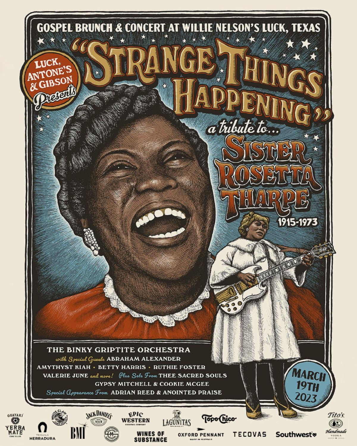 “Strange Things Happening: A Tribute to Sister Rosetta Tharpe” poster art by Mishka Westell.