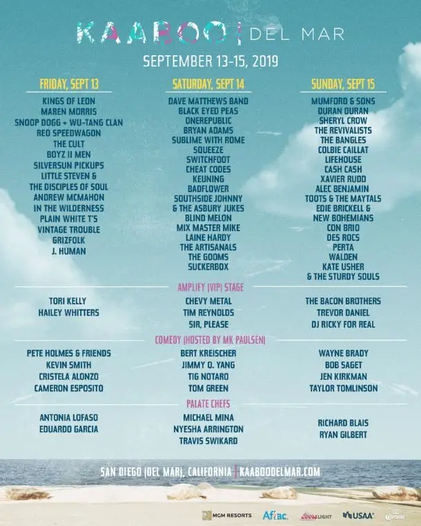 KAABOO Del Mar Releases Daily Schedules for Sept 1416th Event