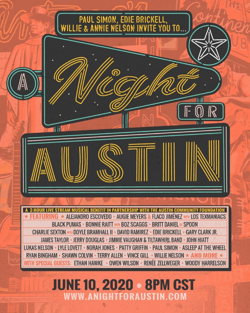 Paul Simon, Edie Brickell, Willie Nelson, Woody Harrelson, Owen Wilson, Ethan Hawke, Renée Zellweger, and more team up for "A Night For Austin"