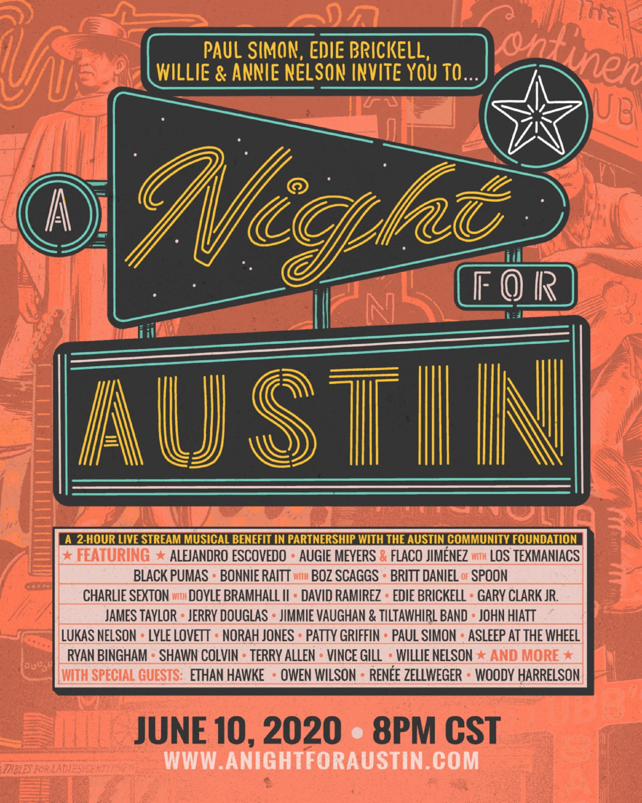 Paul Simon, Edie Brickell, Willie Nelson, Woody Harrelson, Owen Wilson, Ethan Hawke, Renée Zellweger, and more team up for "A Night For Austin"