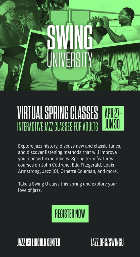 Learn about Louis Armstrong, John Coltrane, and more Jazz Legends this Spring