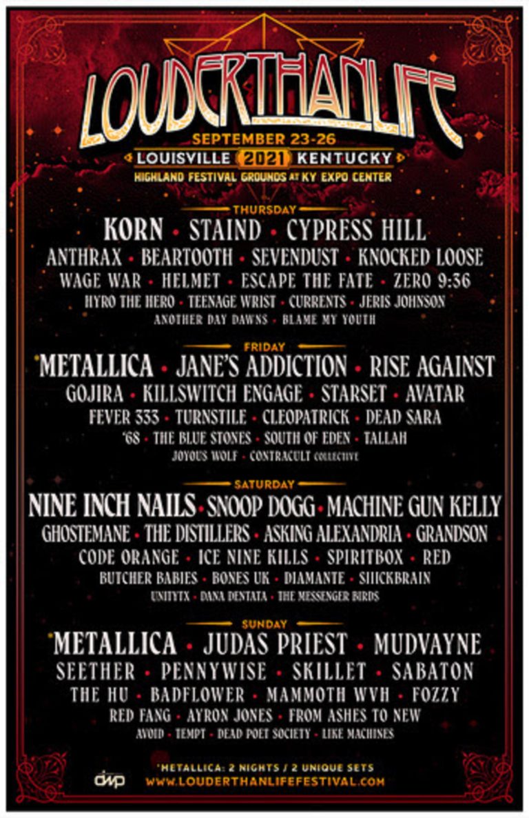 Louder Than Life 2021: Metallica (2 Nights), Nine Inch Nails, KORN, Judas Priest, Jane’s Addiction, Snoop Dogg, Machine Gun Kelly, Staind, Mudvayne, Rise Against, Cypress Hill, Gojira & Many More Sept. 23-26 In Louisville, KY
