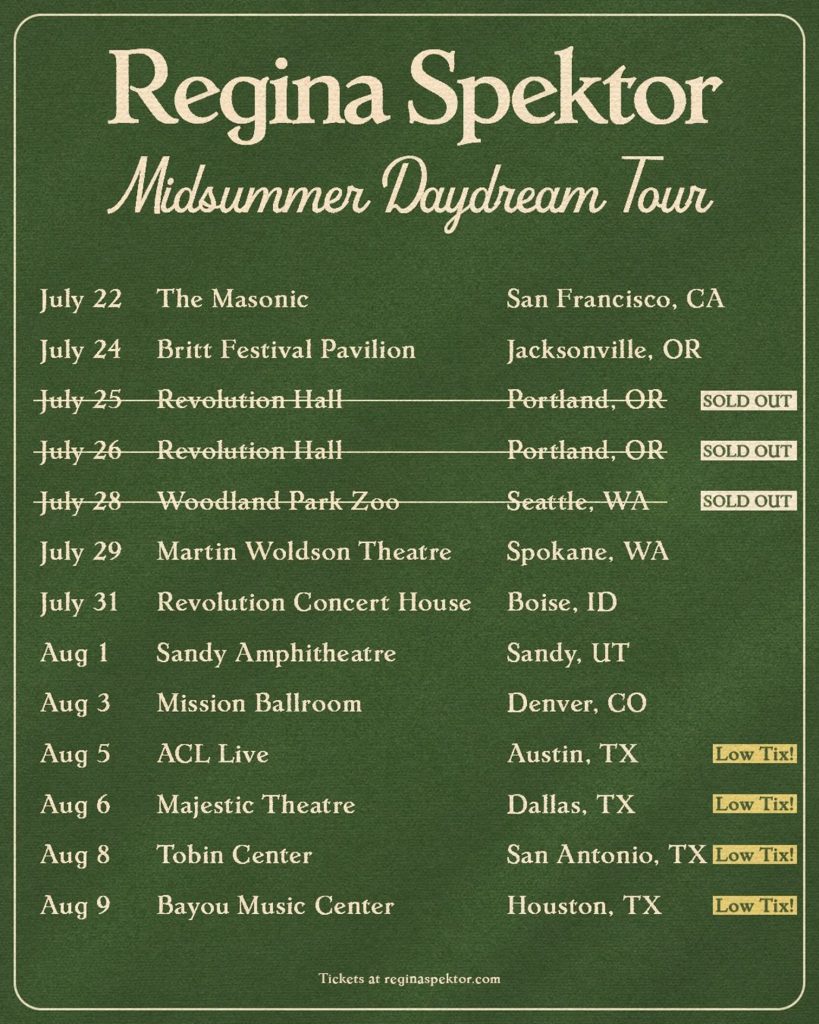 Regina Spektor reissues five albums on limited edition color vinyl, Midsummer Daydream Tour 2025 this summer