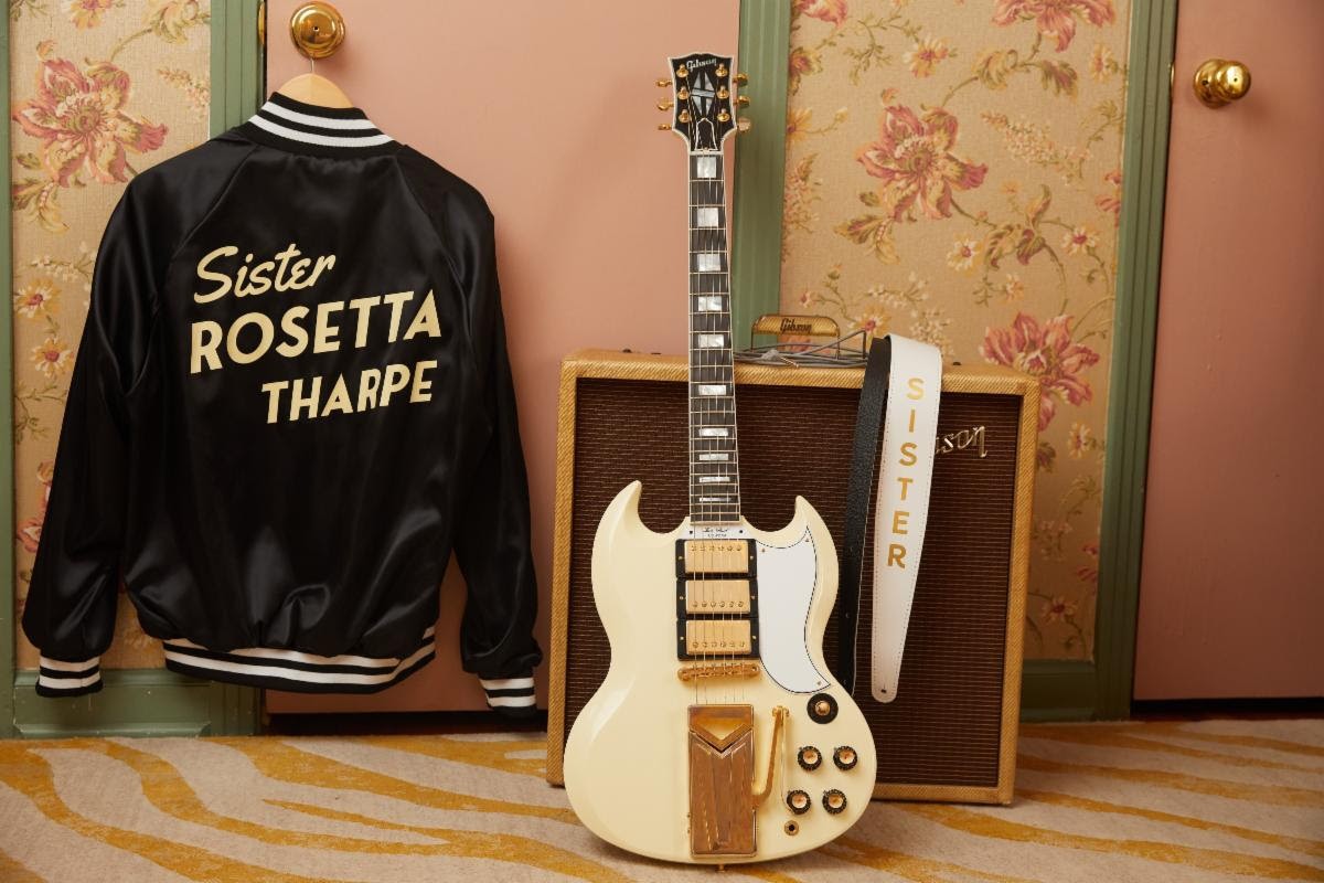 Above: the Sister Rosetta Tharpe jacket pictured with the 60th Anniversary 1961 Les Paul SG Custom With Sideways Vibrola in Polaris White