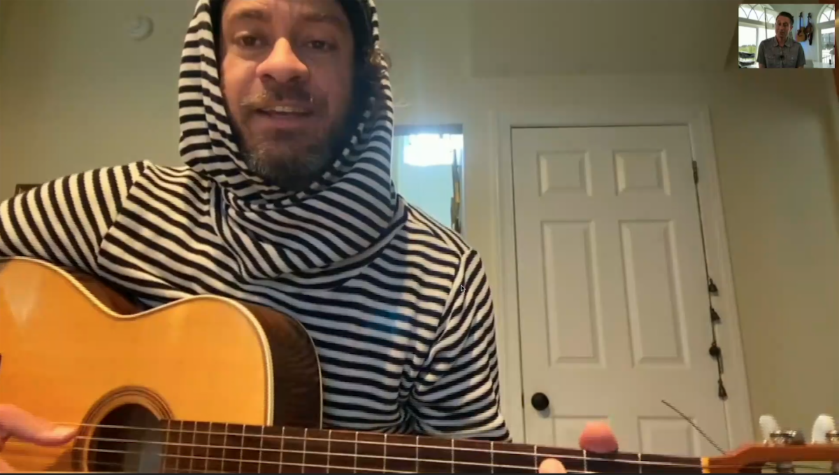 Amos Lee converses from home with Melodic Caring Project's Levi Ware (upper right) during remote recording of MCPConnects episode