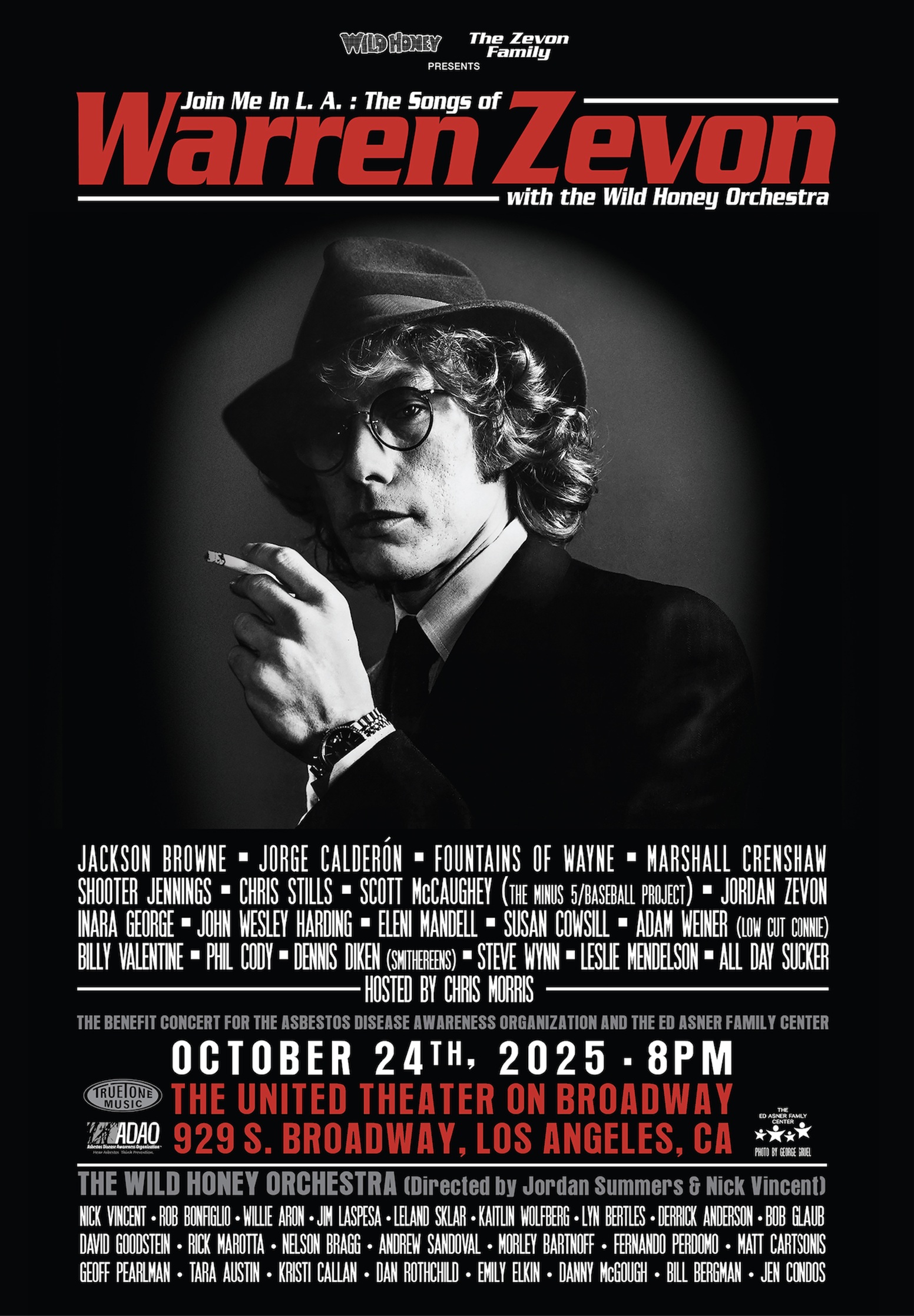 Warren Zevon celebrated in all-star Wild Honey show, October 24th
