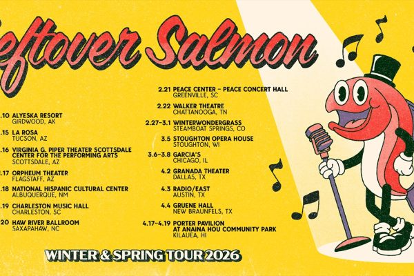 Leftover Salmon Winter & Spring Tour 2026 poster featuring tour dates and singing salmon artwork