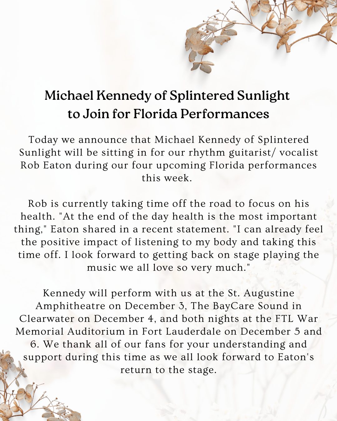 Rob Eaton Recovery Update as Michael Kennedy Joins DSO in Florida