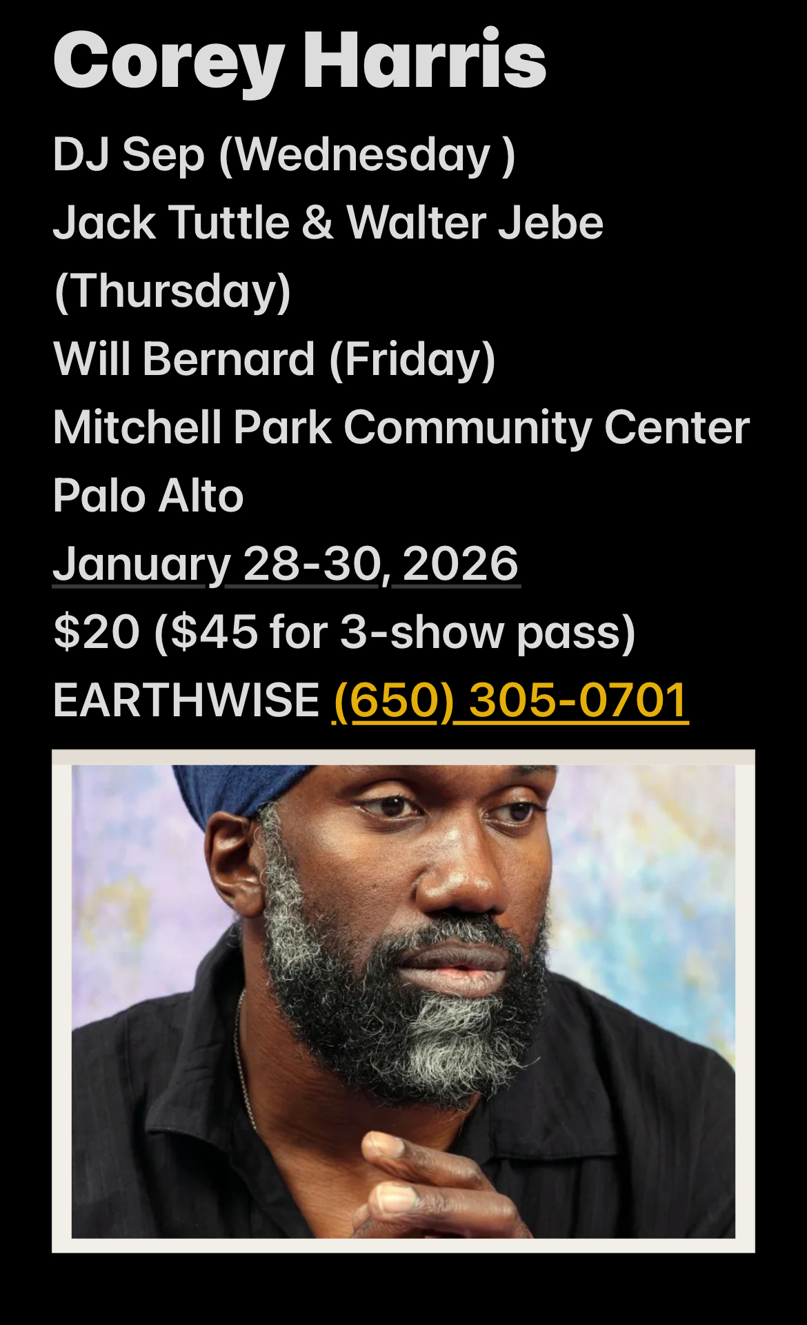 Corey Harris Brings Three-Night Run to Palo Alto with Earthwise