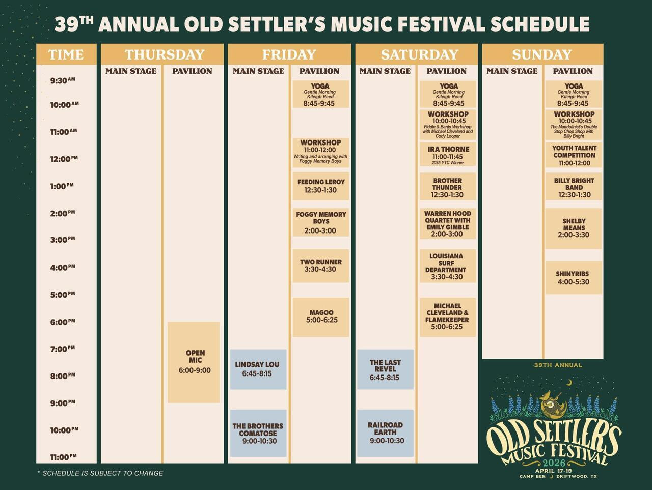 Old Settler’s Music Festival Announces Daily Schedule, Workshops & Special Programming