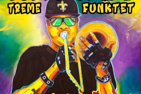 Colorful poster-style illustration of a musician playing a brass instrument with sunglasses and a cap, surrounded by bold text and vibrant background.