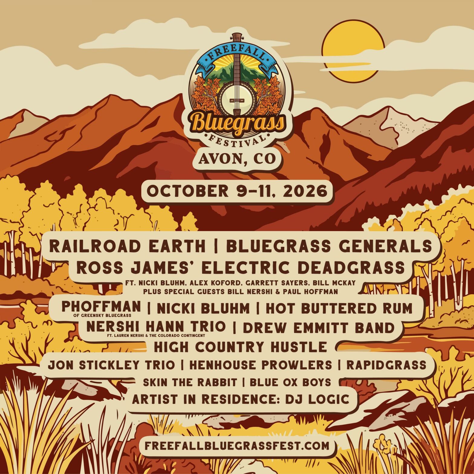 Festival poster for Freefall Bluegrass Festival in Avon, CO with mountains, sun, and a list of artists