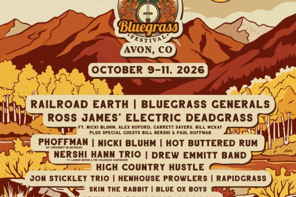 Festival poster for Freefall Bluegrass Festival in Avon, CO with mountains, sun, and a list of artists