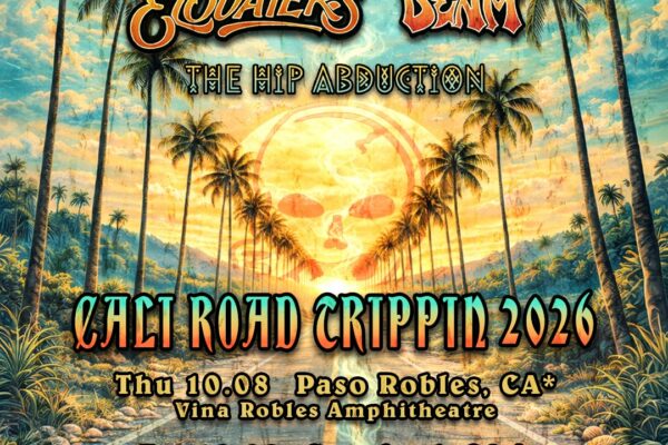 Vibrant tropical-themed concert poster with palm trees and a glowing sunset skull, featuring bold band logos and text promoting Cali Road Trip 2026; includes dates—Thu 10.08 in Paso Robles, CA; Fri 10.09 in Stanford, CA; Sat 10.10 in Lincoln, CA—and venues such as Vina Robles Amphitheatre, Frost Amphitheater, and Thunder Valley Casino.