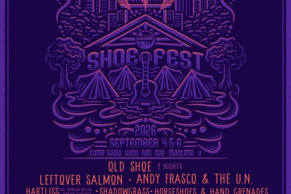 Poster for Shoe Fest 2026 with a neon purple-pink city skyline, tents, and a central guitar, conveying a music festival vibe.