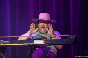 A bearded man wearing a wide pink hat plays a keyboard onstage, hands raised, under purple stage lighting.