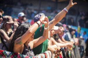 Crowd of people at a festival, arms raised in celebration, colorful bracelets and tattoos visible in foreground.