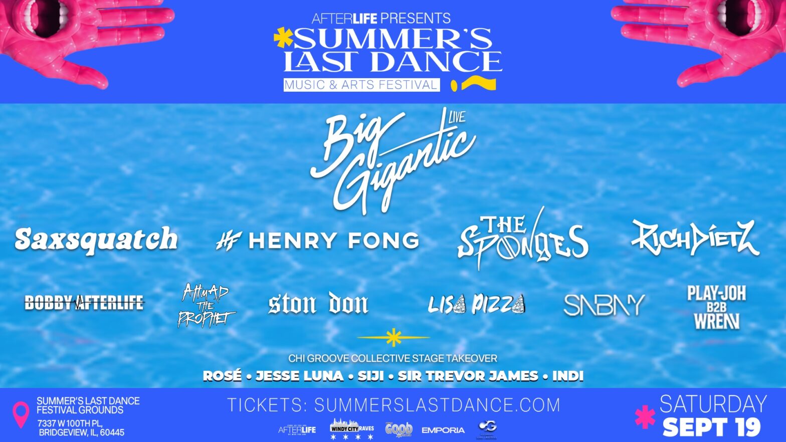 Poster announcing Summer's Last Dance Music & Arts Festival with Big Gigantic headline, set on a blue water background with various artist logos and event details below.