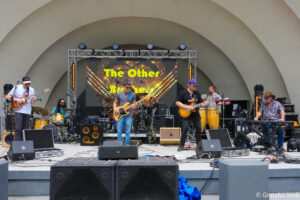 A five‑member band performing on an outdoor stage with guitars, drums, and keyboard, behind a screen that reads 'The Other Brothers'.