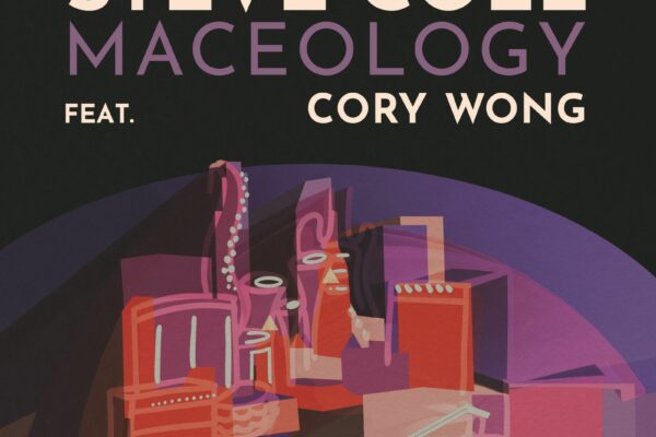 Album cover for Steve Cole's 'Macology' featuring Cory Wong, with abstract purple-red shapes and bold title text on a dark background